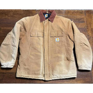 VTG Carhartt Detroit Jacket C003 Size L Tan Brown Quilted Lining Distressed Fade